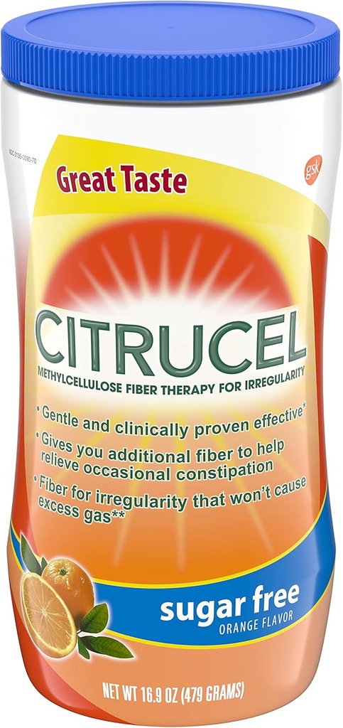 Citrucel Sugar Free Orange Flavor Methylcellulose Fiber Therapy Powder for Regularity, 16.9 ounce, Pack of 4
