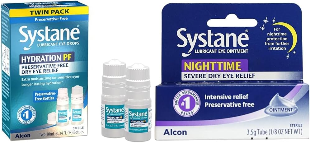Systane Hydration Multi- Dose Preservative- Free Eye Drops Dry Eye Relief Twin Pack (2x10ml) & Nighttime Smøremiddel Eye Salve 3.5g Tube