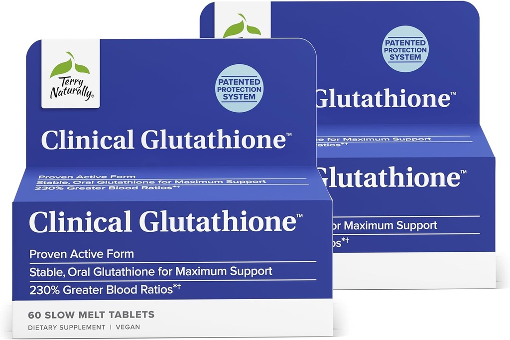Terry naturligt klinisk glutathion - Antioxidant til høj absorption - Kosttilskud med L- glutathion - Vegansk supplement til understøttende cellesundhed - 60 Langsomme smeltetabletter (pakning med 2)