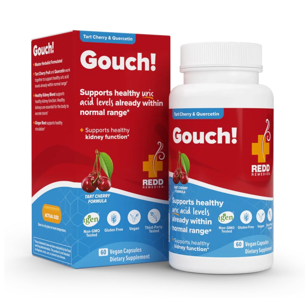 Redd Remedies, Gouch!, Supplement Support for Joints og Uric Acid Niveauer, Opmuntrer en sund inflammatorisk reaktion, Tart Cherry & Quercetin, 60 Veganske kapsler