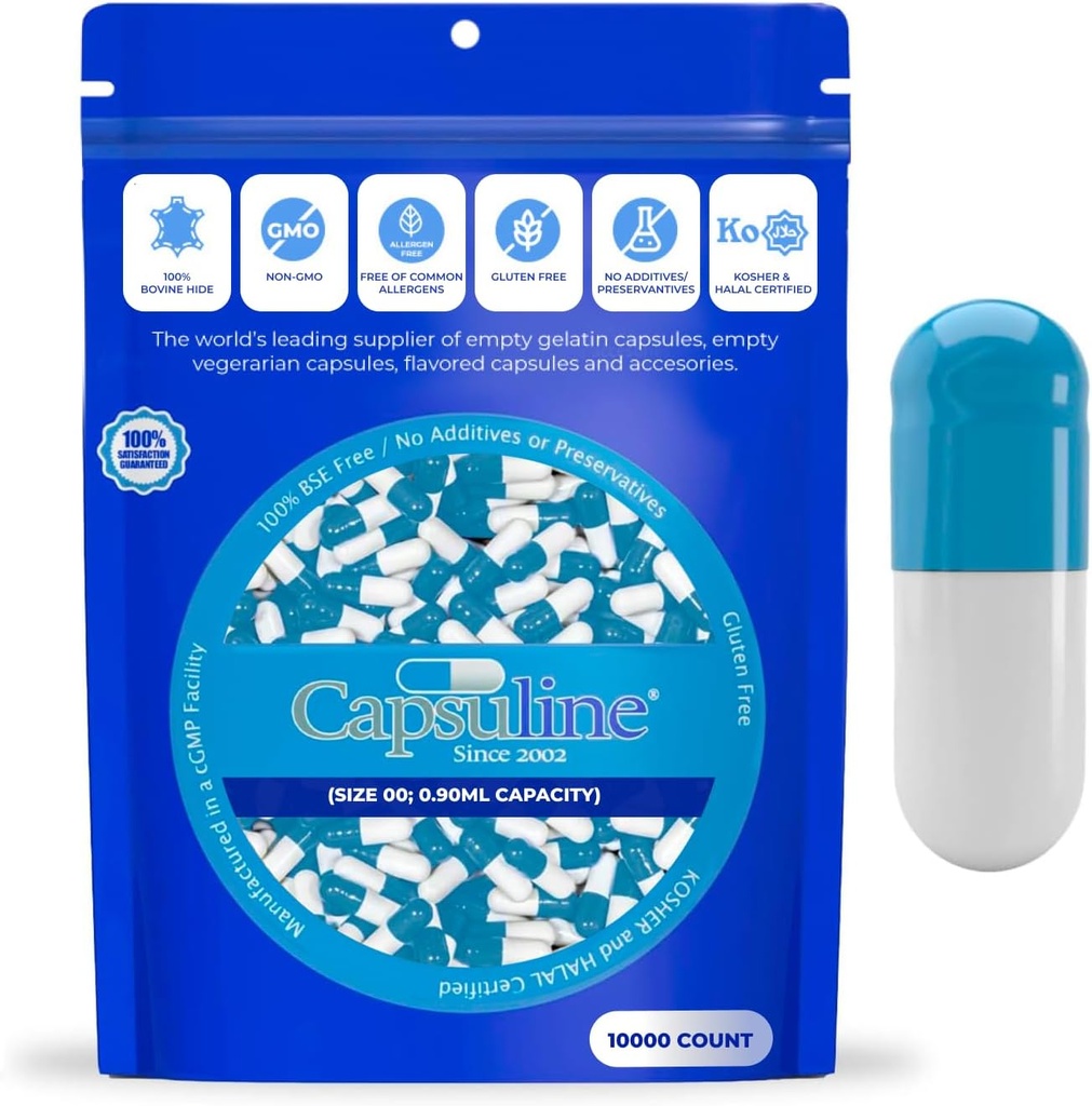 Capsulin Farvet Størrelse 00 Tom Gelatine Kapsler Blå / Hvid 10000 Greve Note 124; Kosher & Halal Certified
