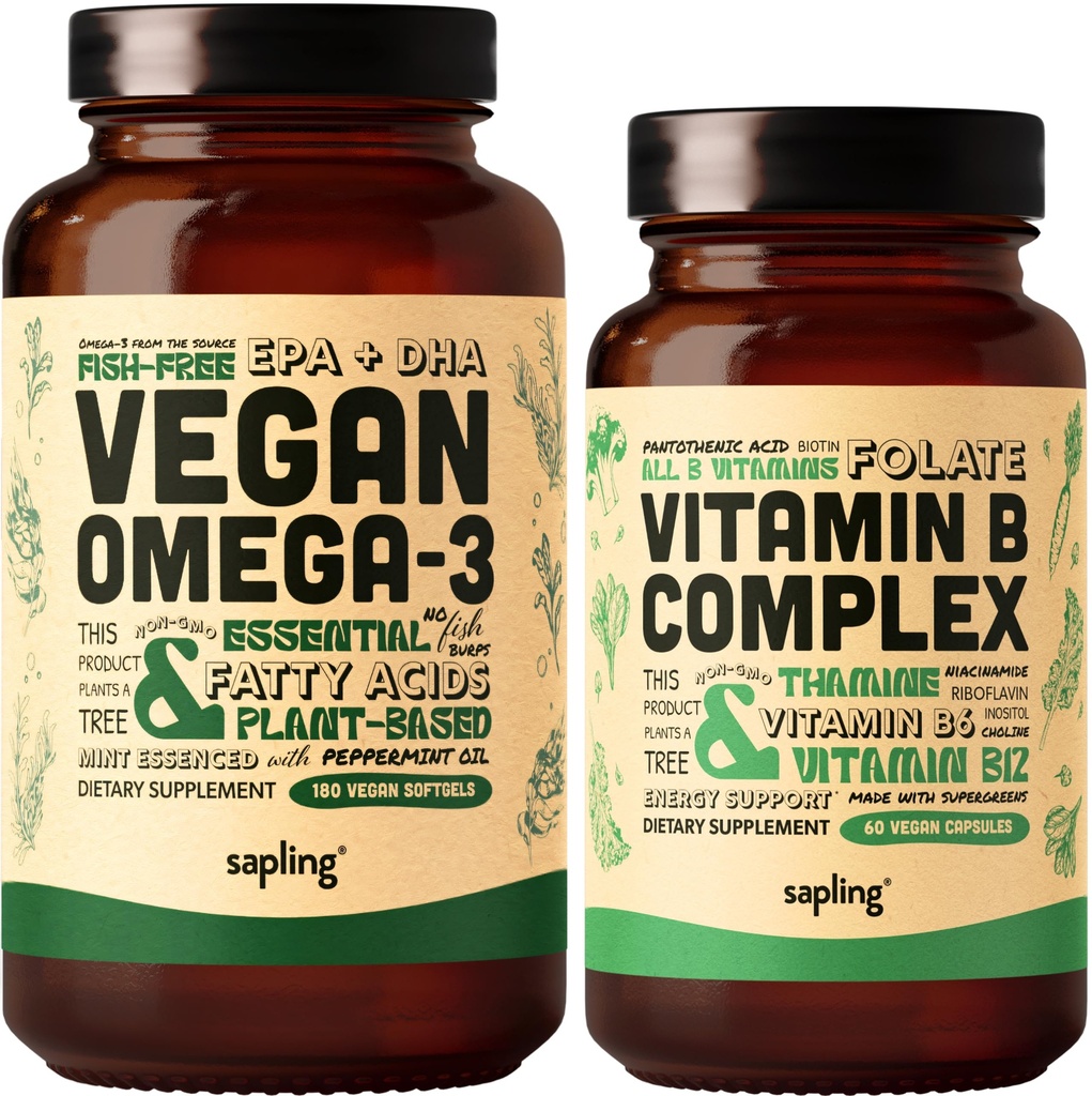 Vegan Omega 3 180 Softgels & Vegan Vitamin B Complex Bundle - Plantbaserede DHA & EPA fedtsyrer, Essential B Vitaminer med hel fødevareblend, B1, B2, B3, B5, B6, B7, Folate