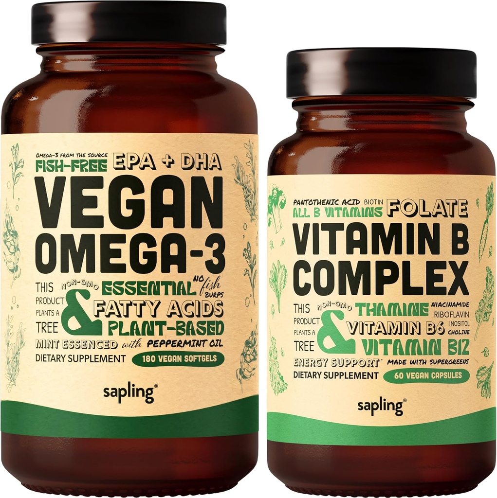 Vegan Omega 3 180 Softgels & Vegan Vitamin B Complex Bundle - Plantbaserede DHA & EPA fedtsyrer, Essential B Vitaminer med hel fødevareblend, B1, B2, B3, B5, B6, B7, Folate