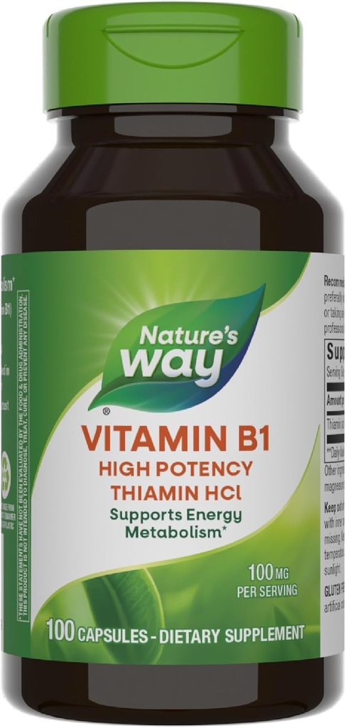 Nature 's Way Vitamin B1, High Potency, 100 mg Thiamin per servering, Thiamin HCl, Understøtter energi Metabolisme *, Gluten Free, 100 kapsler (Packaging May Vary)