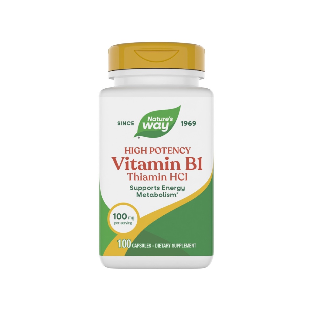 Nature 's Way Vitamin B1, High Potency, 100 mg Thiamin per servering, Thiamin HCl, Understøtter energi Metabolisme *, Gluten Free, 100 kapsler (Packaging May Vary)