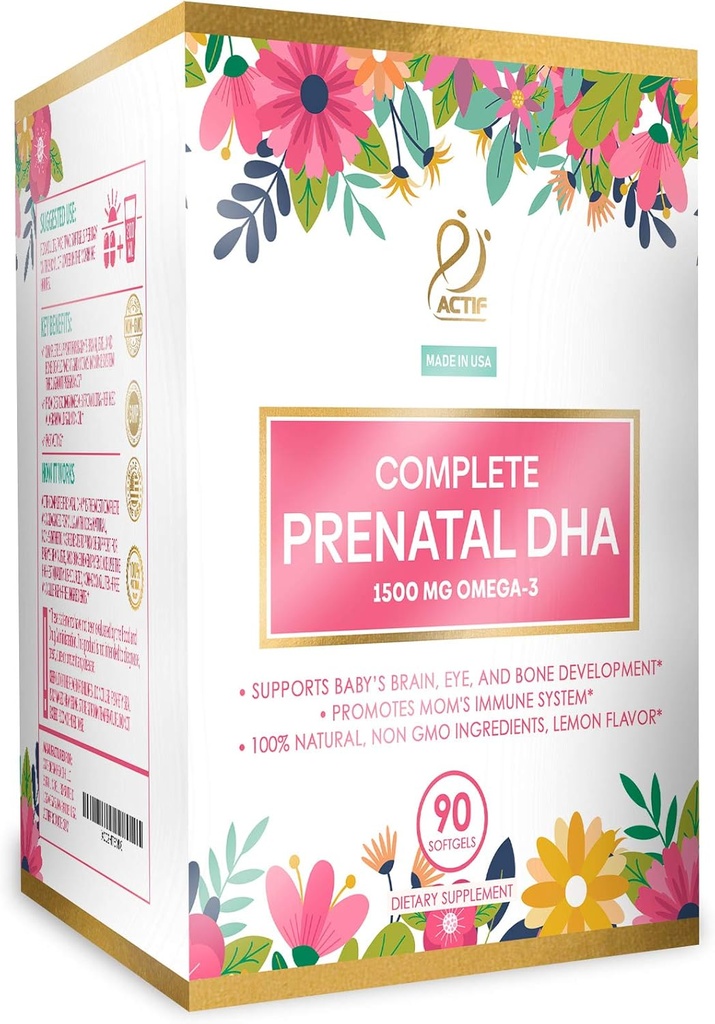 Actif Complete Prenatal DHA med 1500mg Omega-3, 100% Natural, Organic DHA, EPA, Omega 3 - Non- GMO, 90 Gummies
