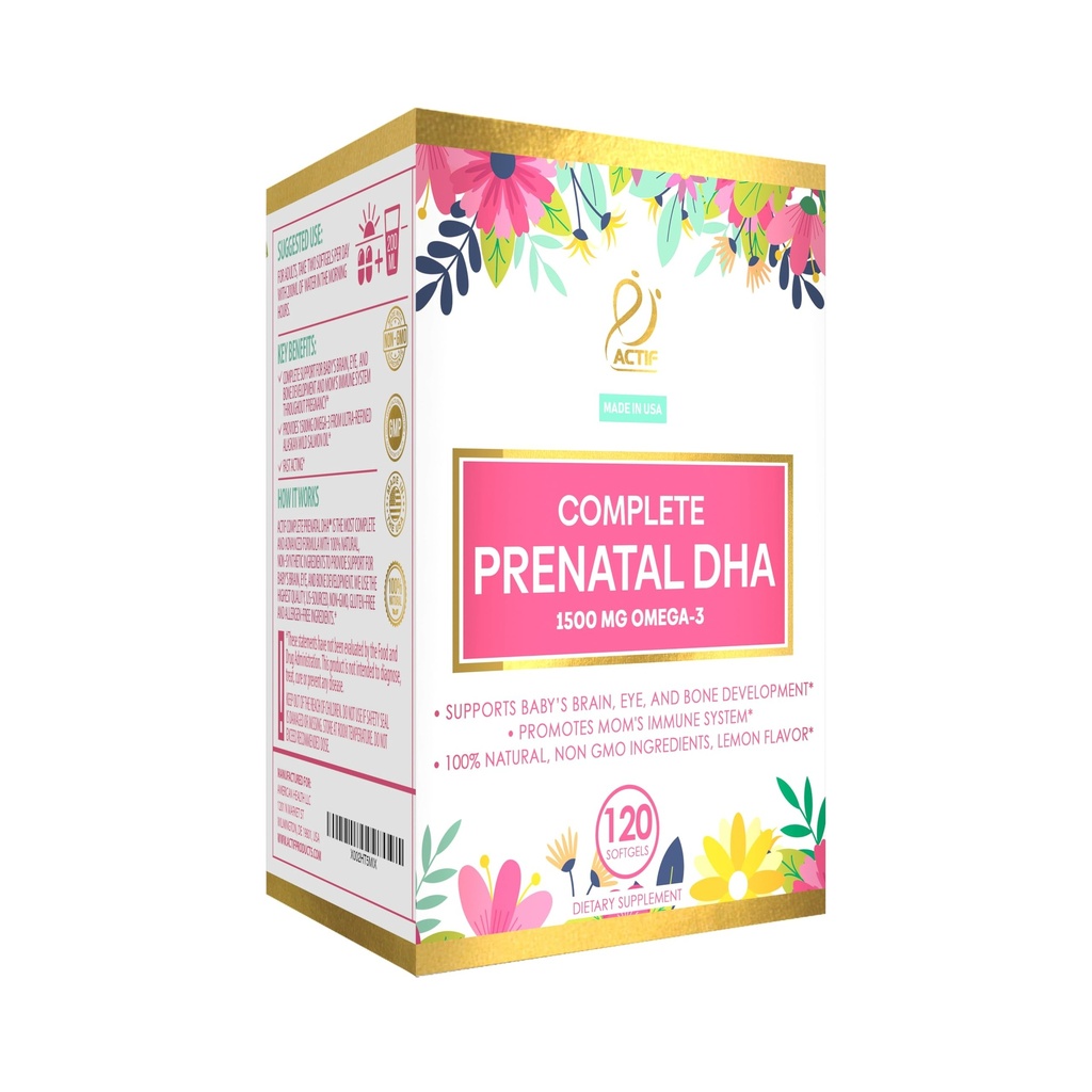 Actif Complete Prenatal DHA med 1500mg Omega-3, 100% Natural, Organic DHA, EPA, Omega 3 - Non- GMO, 90 Gummies