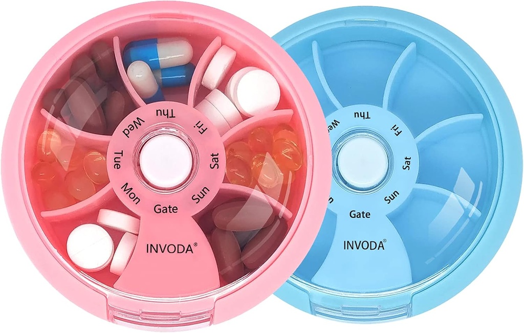 INVODA Weekly Pill Organizer 7 Segment Roterende Pill Box for Daglig Medicin & Vitaminer - Bærbar rejse Pill sag Fish Oil Kosttilskud Vitaminer Organizer (Pink + blå)