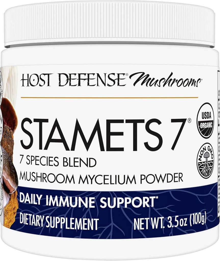 Værtsforsvar Stamets 7 Mushroom Powder - 7 Art Blend - Mushroom supplement til immunforsvar med Royal Sun Blazei, Cordyceps, Reishi, Maitake, Lions Mane, Chaga & Mesima - 3,5 oz (66 Servere) *