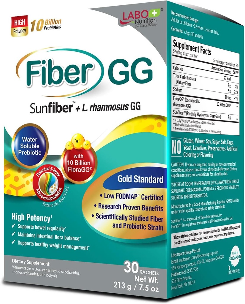 LABO Nutrition FiberGG, Lactobacillus Rhamnosus GG 10 Millioner CFU Aktive Probiotika og 7g Sunfiber Prebiotic Fiber Supplement, Support Sund Intestinal, Immunsundhed, Gluten Free, 30 Sachets