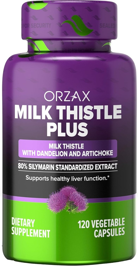 ORZAX Milk Thistle 250 mg - Lever Cleanse Detox & Repair Support - Urtetilskud - 80% Silymarin Standardized, Mælkebøtte & Artichoke Extract - Vegan & Non- GMO - 120 kapsler - 120 dages forsyning