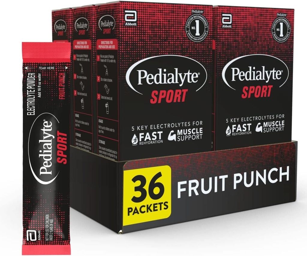 Pedialyte Sport Electrolyte Powder, Hurtig hydrering med 5 Key Electrolytes for Muscle Support Før, under og efter træning, Fruit Punch, 0,49 Oz Sachets 6 Greve (pakke med 6)