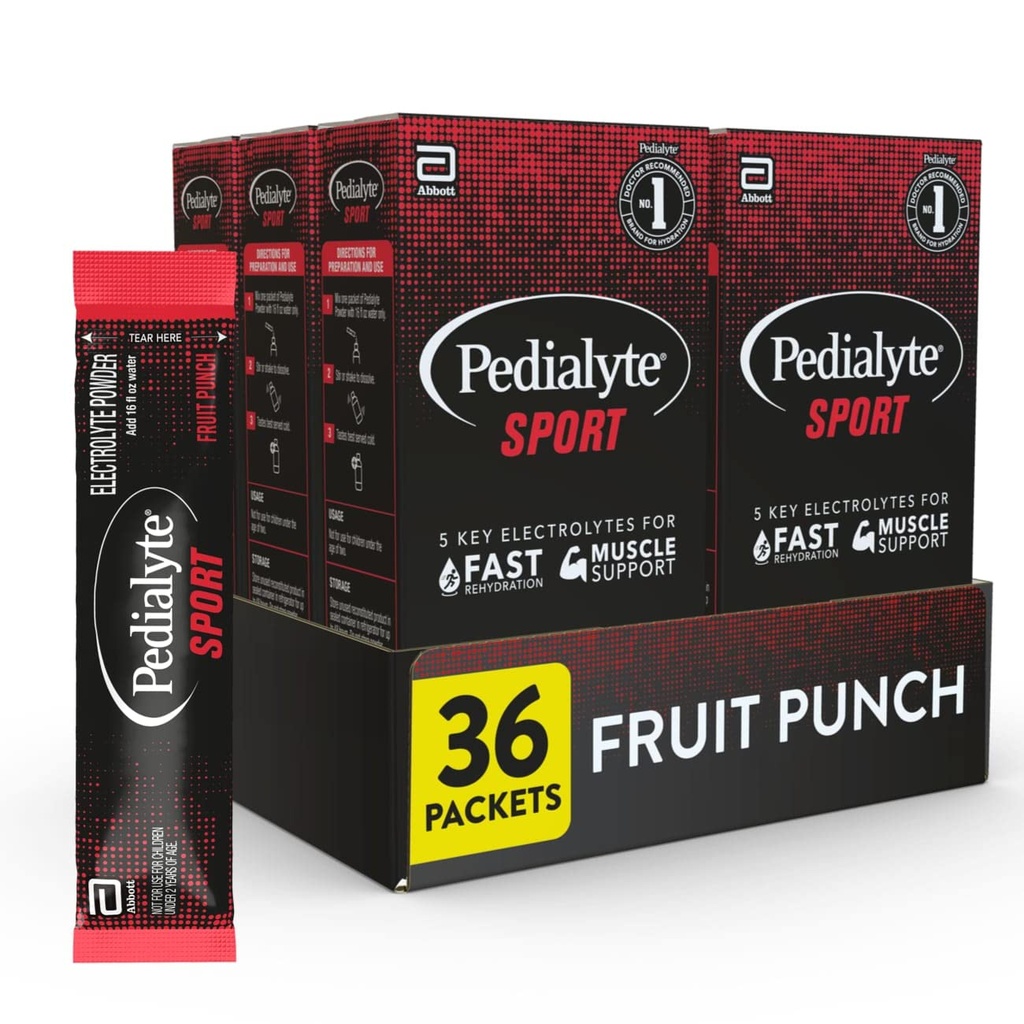 Pedialyte Sport Electrolyte Powder, Hurtig hydrering med 5 Key Electrolytes for Muscle Support Før, under og efter træning, Fruit Punch, 0,49 Oz Sachets 6 Greve (pakke med 6)
