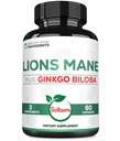 Lions Mane med Ginkgo Biloba Supplement - 60 kapsler - Ekstra styrke til afslappende sind, hjerne sundhed, immunsystem & fokus - Glutenfri, ikke-GMO