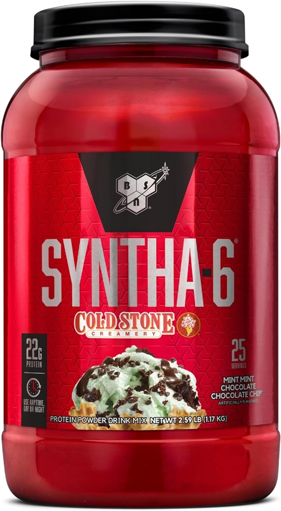 BSN Syntha- 6 Whey Protein Powder, Cold Stone Creamery- Mint Mint Chokolade Chip Flavor, Micellar Casein, Milk Protein Isolate Powder, 25 Servere