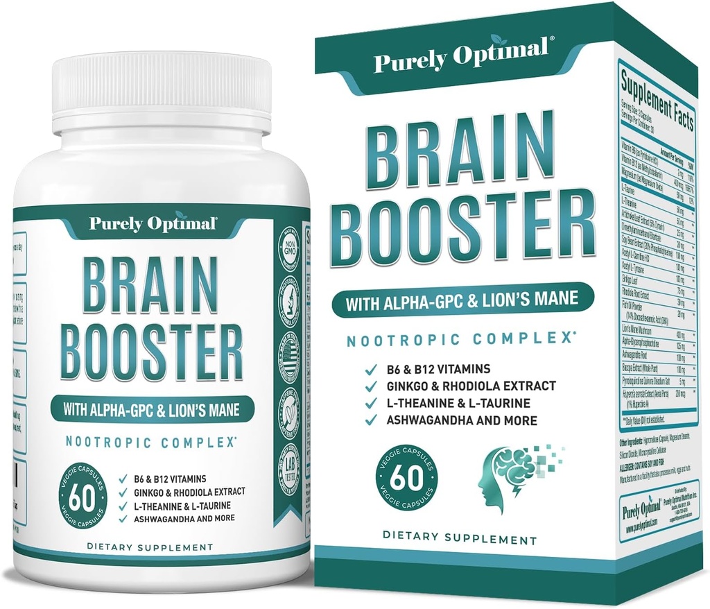 Rent Optimal Brain Booster Nootrop Supplement - Brain Support for Memory, Fokus, Klarhed, Jitter- Gratis energi til voksne, seniorer - med Ginkgo Biloba, Alpha GPC, Lions Mane - 60 kapsler