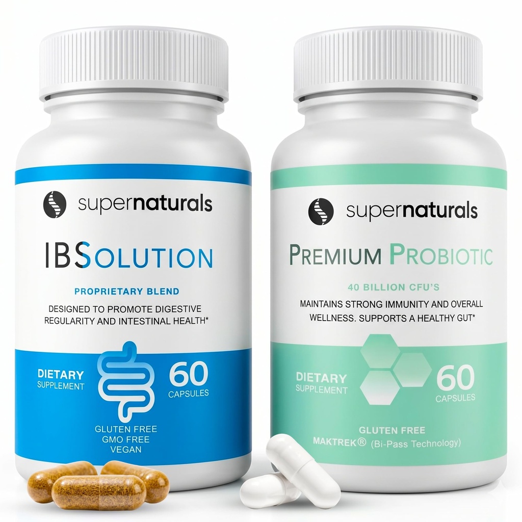 IBSolution Gut Health Bundle - All Natural Gut Health Support & Premium Probiotika w / 40 Millioner CFU til støtte af uregelmæssige tarme, bloating, obstipation, Gas, abdominal smerte - 2 Pack (120 Caps)