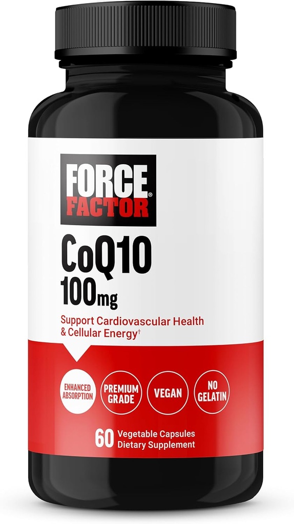 FORCE FACTOR CoQ10 100mg, Coenzym Q10 Heart Health supplement med forbedret absorption, Premium Grade Coq 10, Vegan, Dairy Free, Gluten Free, og ikke-GMO, 60 Vegetabilske kapsler