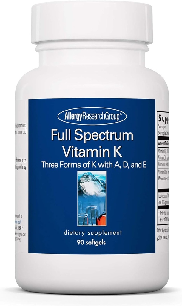 Allergy Research Group Full Spectrum Vitamin K - Vitamin K1 og K2 Supplement, Vitamin K Complex, MK-4, MK- 7, Vitamin D3, Vitamin A - 90 Tæl