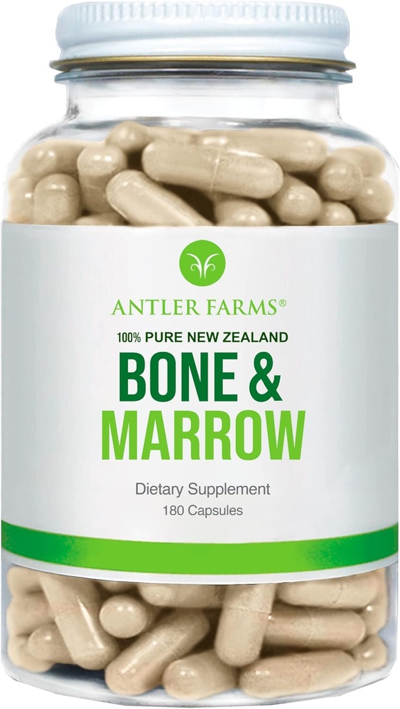 Antler Farms - 100% Pure New Zealand Bone & Marrow, 180 Kapsler, 750mg - Græs Fed, Pasture Raised Whole Bone Extract, Cold Forarbejdede, Sunde Væsentlige Fedtstoffer, Stamceller, Collagen, Calcium