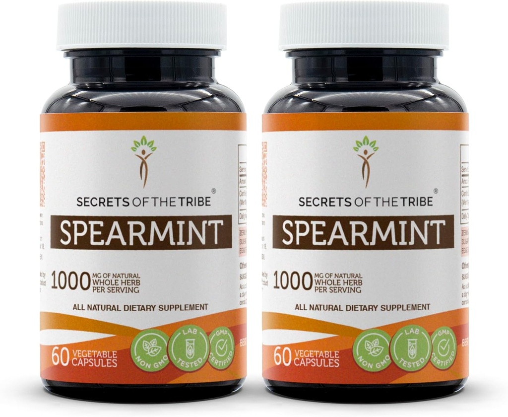 Secrets of the Tribe Spearmint Capsules 1000 mg Spearmint (Mentha spicata) Tørret Leaf, Women 's Hormone Support Supplement (2x60 Kapsler)