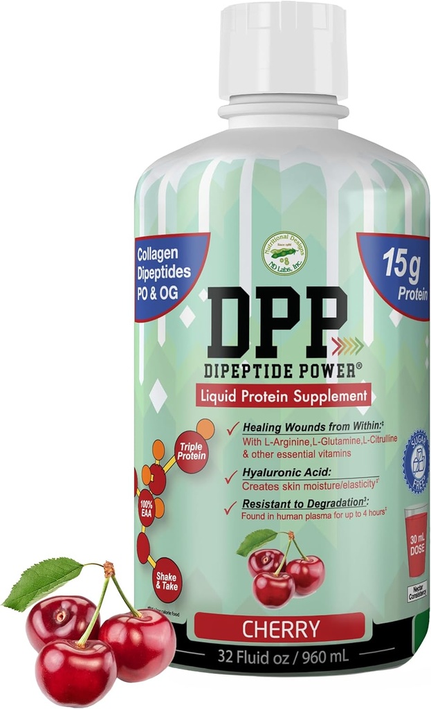 DPP Dipeptid Power, Wound- Healing, 30X Flere Collagen Dipeptider Than Powder, Flydende Protein Supplement, Sugar- Free, Understøtter sund Tissue Reparation, Fodsår, Kosmetisk kirurgi (Cherry, 32 Fl Oz)