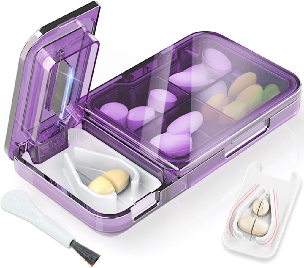 Pill Cutter Splitter til små eller små piller. 2-in-1 Travel Pill Box & Pill Splitter - Stor kapacitet 4 Compartments Pill Organizer - Aftagelig Nonslip V- Shaped Pad. Wrap-Around Blade Guard (lilla)