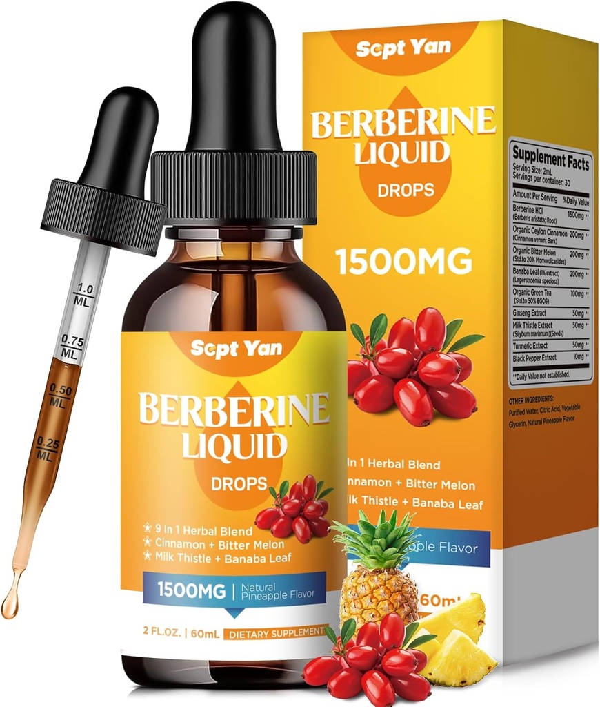Berberine Supplement Flydende Drops - Berberine 1500mg med Ceylon Cinnamon, Bitter Melon, Banaba Leaf, Gurkemeje til immun, fordøjelsessystem, Heart Support, Natural Ananas Flavor, 2 Fl Oz