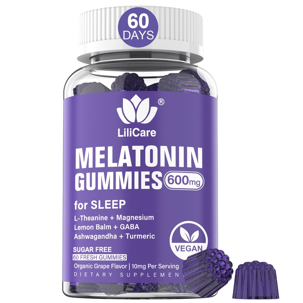 Melatonin Gummies 10mg 20mg til voksne, Ekstra styrke med L- Theanin, Ashwagandha, Magnesium, gurkemeje, GABA, Lemon Balm og kamille til støtte sundhed Circadian Rhythm, Vegan Grape Flavor