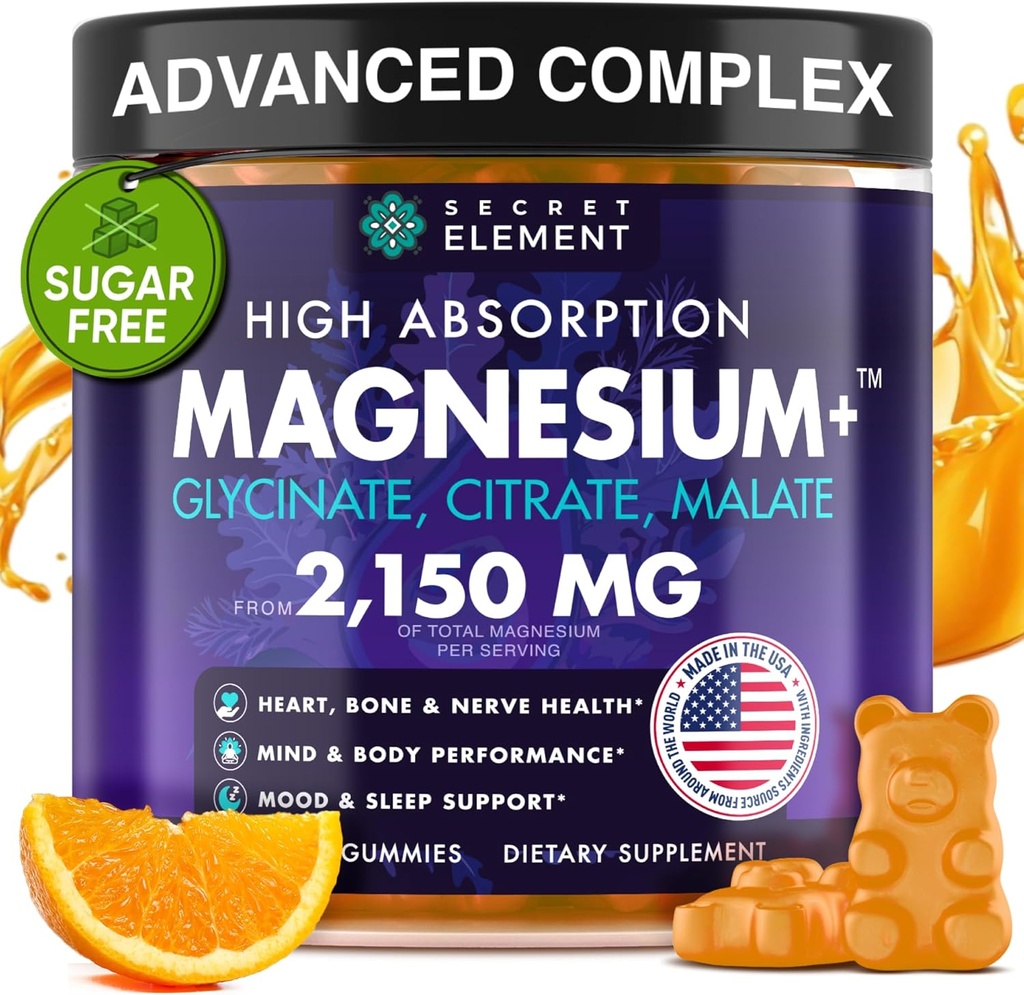 Magnesium Glycinate 2150MG Gummier til kvinder og mænd, høj absorption Magnesium Glycinat, Citrat, Malat Gummies til voksne & børn, Søvnstøtte, sukkerfri, Vegan, 60 Chews, Orange