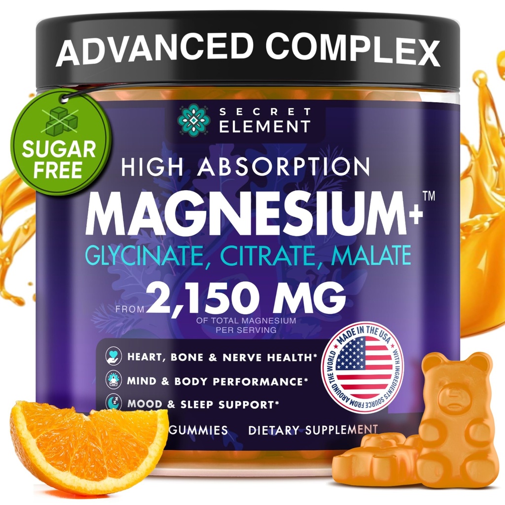 Magnesium Glycinate 2150MG Gummier til kvinder og mænd, høj absorption Magnesium Glycinat, Citrat, Malat Gummies til voksne & børn, Søvnstøtte, sukkerfri, Vegan, 60 Chews, Orange