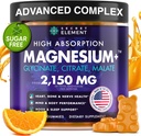 Magnesium Glycinate 2150MG Gummier til kvinder og mænd, høj absorption Magnesium Glycinat, Citrat, Malat Gummies til voksne & børn, Søvnstøtte, sukkerfri, Vegan, 60 Chews, Orange