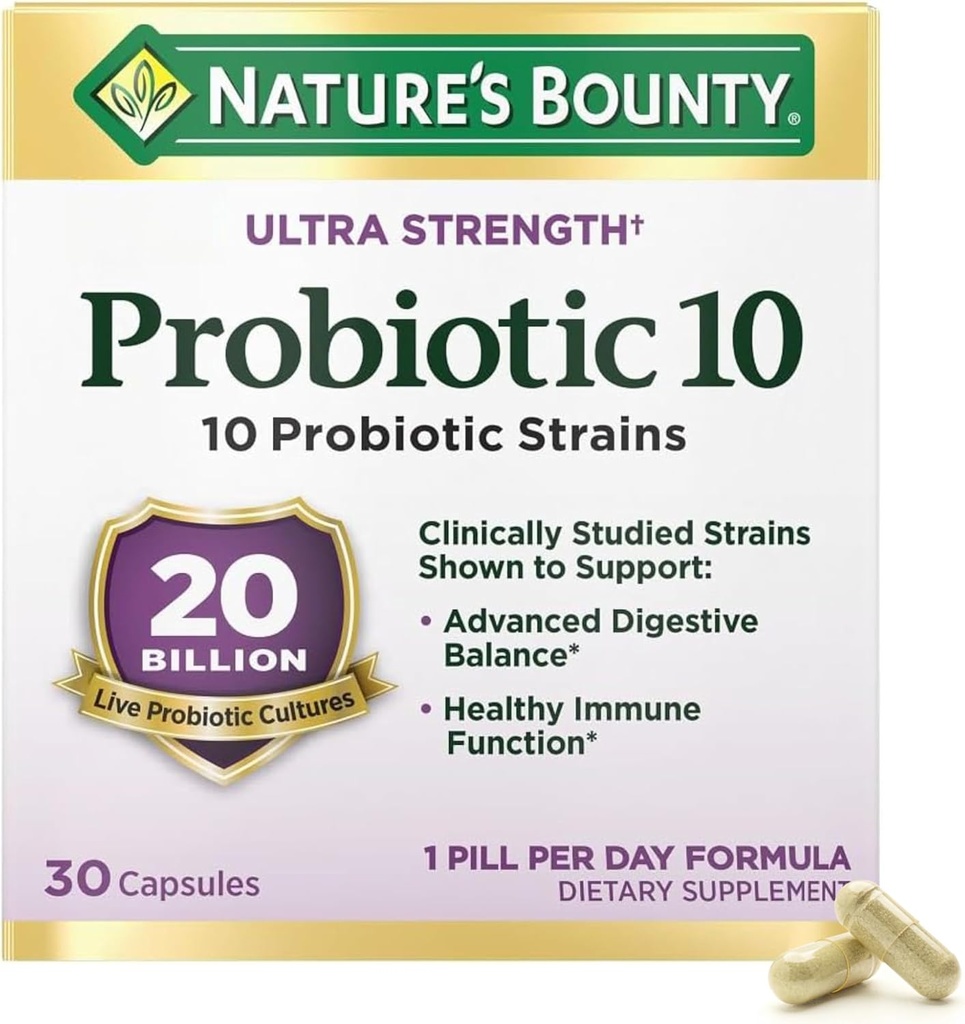 Nature 's Bounty Probiotic 10 Daily Probiotic Supplement til fordøjelsesbesvær, immunforsvar og øvre luftvejsstøtte, Ultra Styrke, 30 kapsler 1 pakke