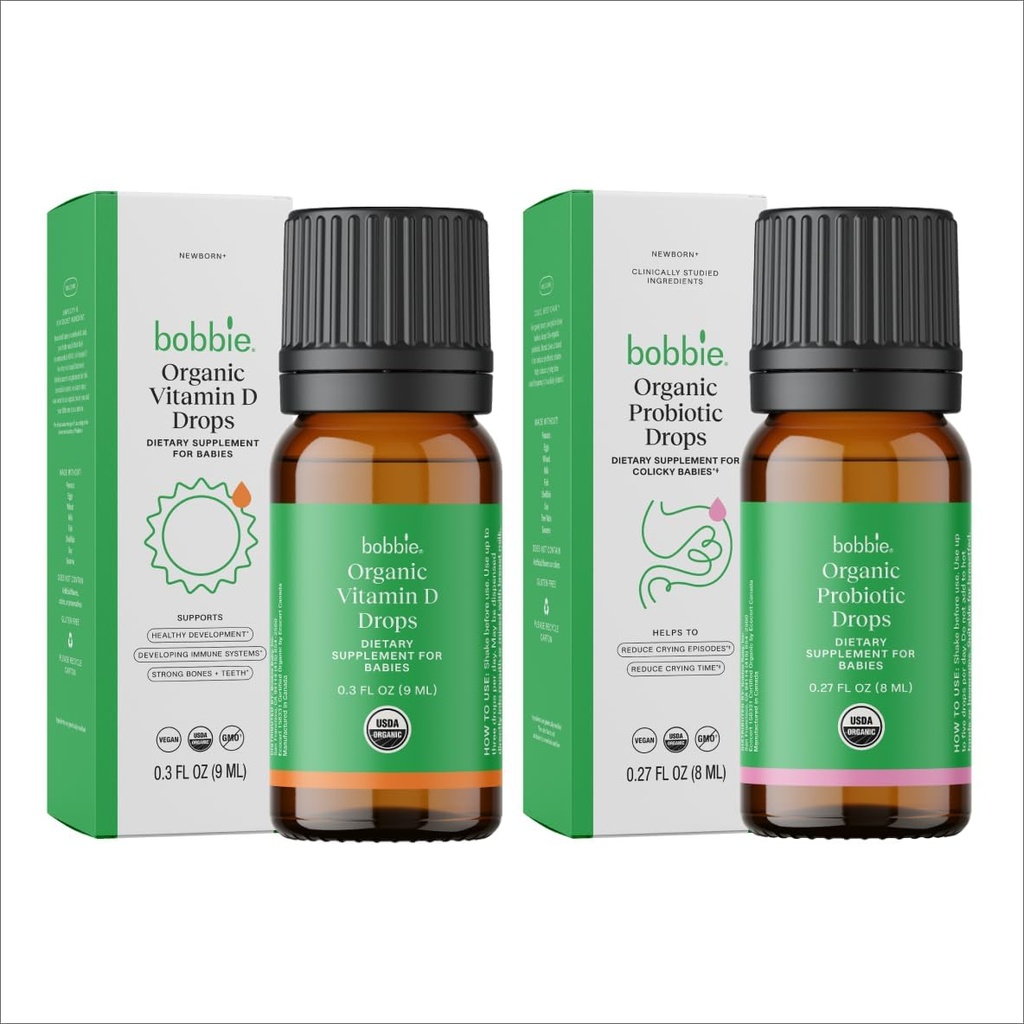 Bobbie Organic Baby Vitamin D og Probiotiske Drops Bundle, Daglige flydende Kosttilskud til immun, tænder, ben og fordøjelsessygdomme støtte i nyfødte babyer og spædbørn, Vegan, fantasivenlig formel