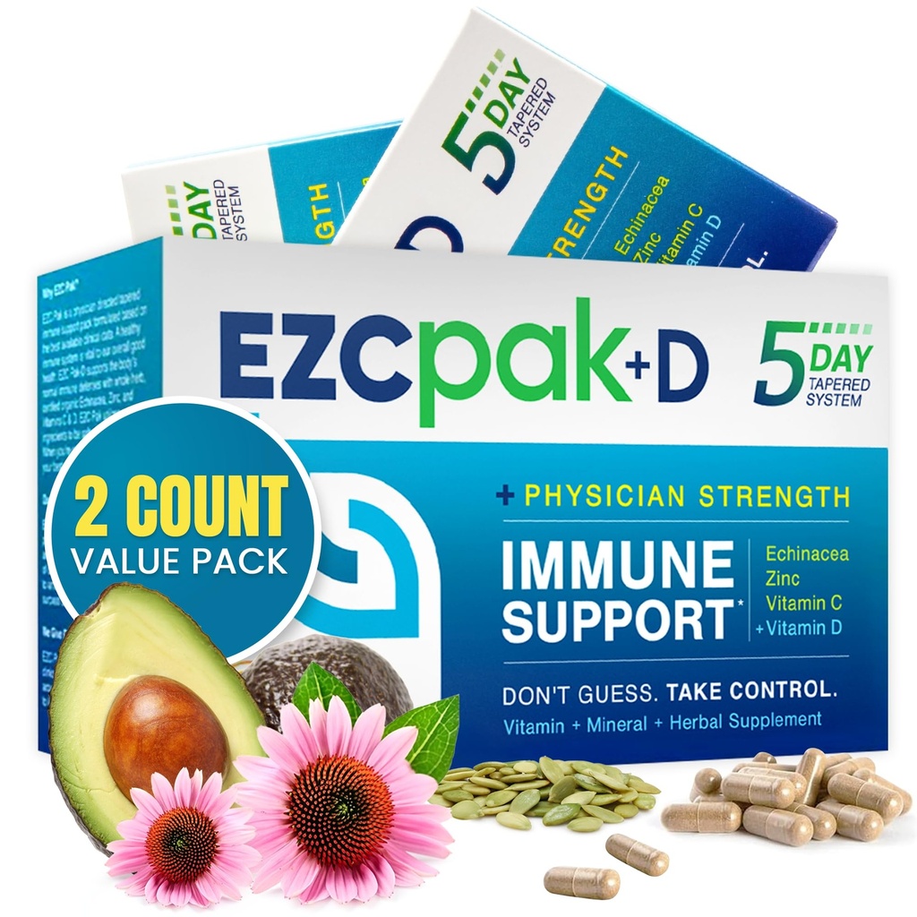 EZC Pak 5- Day immunsystem Booster med Echinacea, C-vitamin, Zink & D-vitamin - Tænkt immunforsvar supplement til voksne - Understøtter Immunitet, Easy Travel- Size Supplement Pack - (pakke af 2)