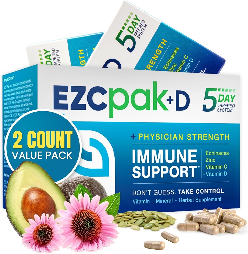 EZC Pak 5- Day immunsystem Booster med Echinacea, C-vitamin, Zink & D-vitamin - Tænkt immunforsvar supplement til voksne - Understøtter Immunitet, Easy Travel- Size Supplement Pack - (pakke af 2)