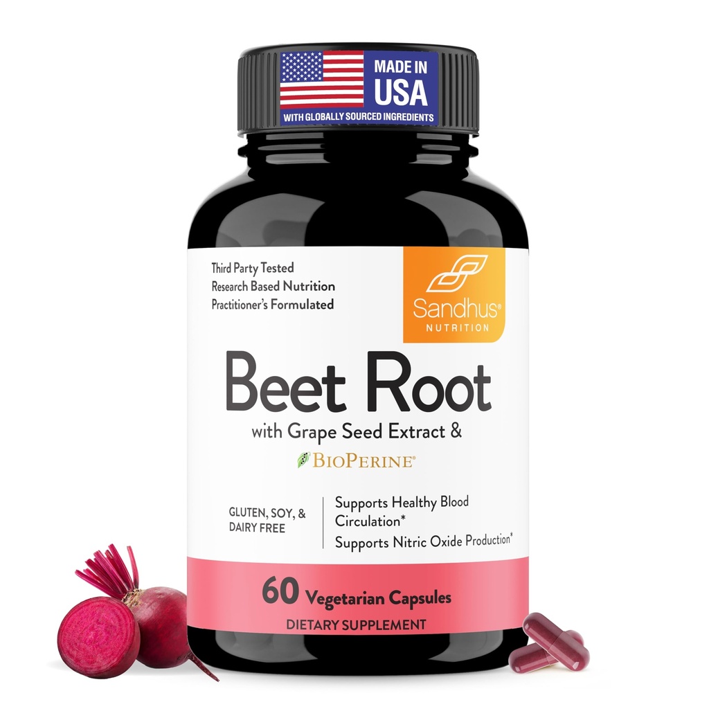 Sandhu 's Beet Root Powder Kapsler med Bioperine Buddy 124; Rødbeder med Sort Pepper & Grape Seed Extract 124; 60 Kapsler, 30 dages Supply Buddy 124; Lavet i USA