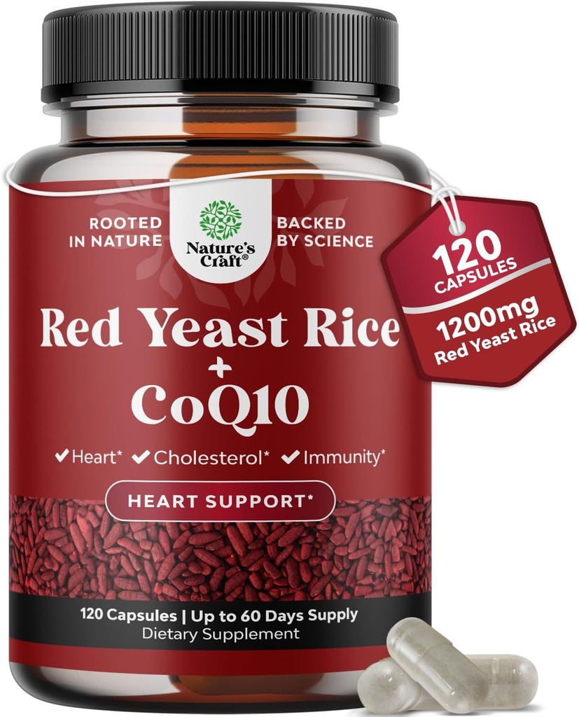 Rød Gær Rice med CoQ10 Supplement - Avanceret Sund Hjerte & Sund Kolesterol Niveauer Formel for mænd og kvinder - Ekstra styrke Kapsel med Rød Gær Rice 1200 mg Kapsler med CoQ10- 120 Tæl