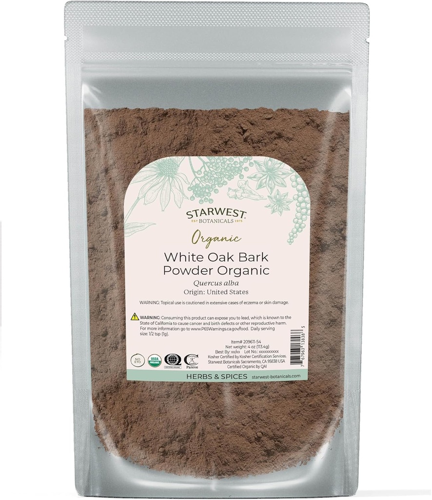 Starwest Botanicals White Oak Bark Powder Organic - Tørret urt til te & naturlige urteblandinger, Pure Quercus Alba, Certified Kosher, Non- GMO - 4 oz Pouch