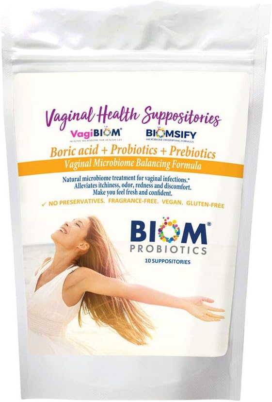 Biom Probiotika Prebiotika Borsyre Suppositorier. Feminin Health Probiotika til infektioner & pH Essentials VEGAN, PARABEN- FREE (10)