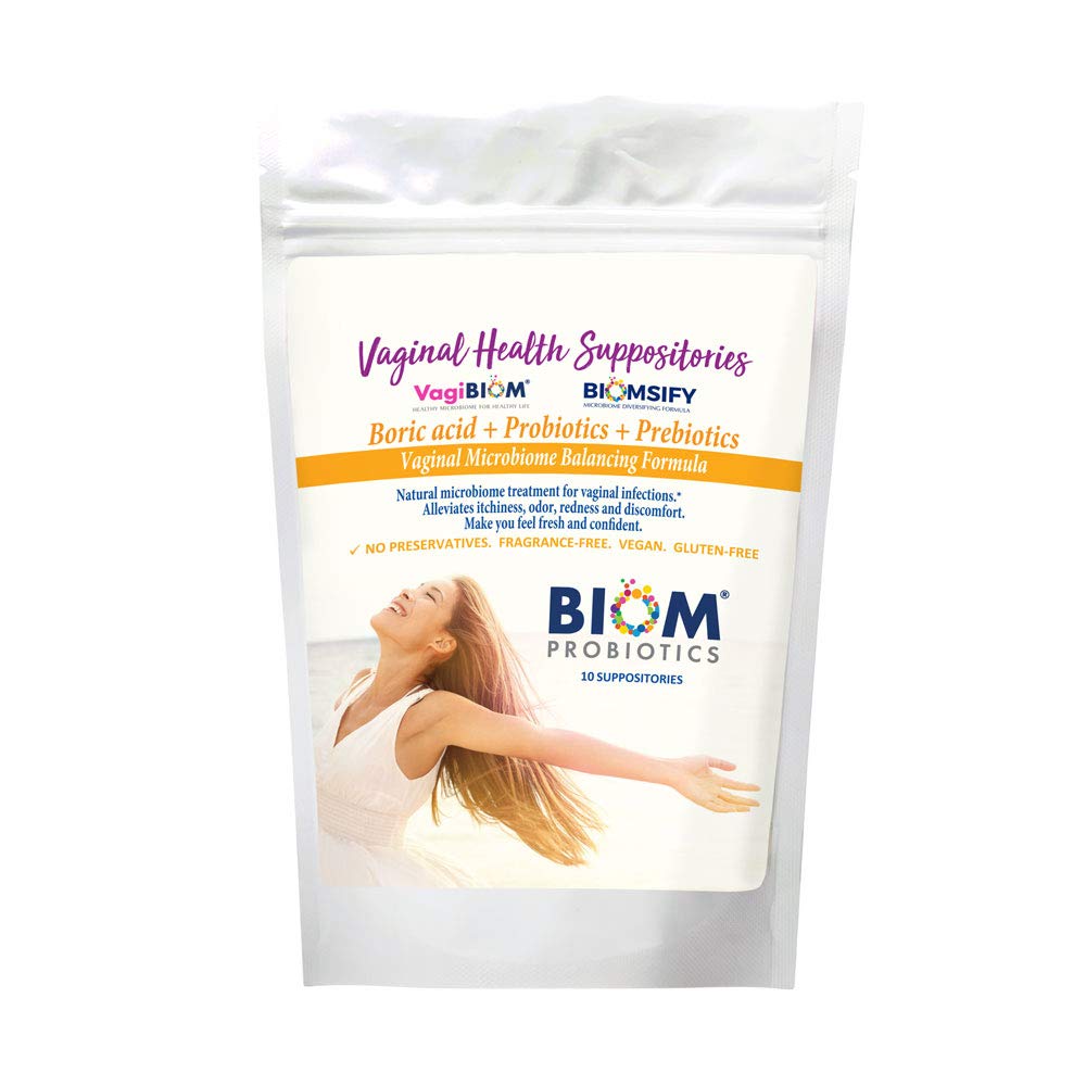 Biom Probiotika Prebiotika Borsyre Suppositorier. Feminin Health Probiotika til infektioner & pH Essentials VEGAN, PARABEN- FREE (10)