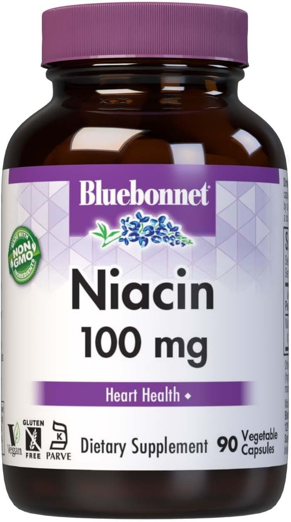 Bluebonnet Niacin 100mg Vitamin B3 Nicotinsyre - Heart Health Support for Women & Men * - Non-GMO, Vegan, Kosher, Gluten- Free, Soy- Free, Dairy- Free Flush Niacin Supplement - 90 Vegetabilske kapsler