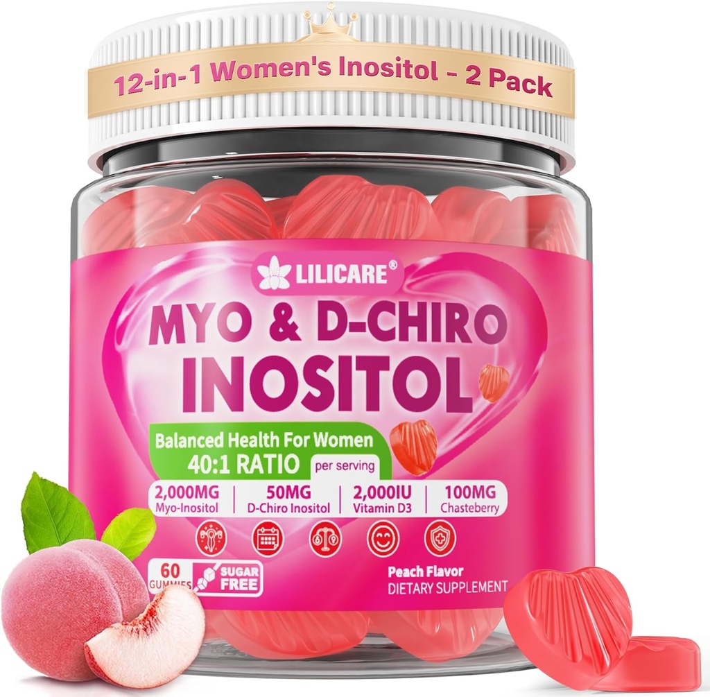 Inositol Gummies for Women + Chasteberry, Myo- Inositol & D- Chiro Inositol 2000mg + 50mg Ideal 40: 1 Ratio med Methyleret B12 & Folate, Cholin, Magnesium, D3- vitamin for total sundhed, pakke med 2