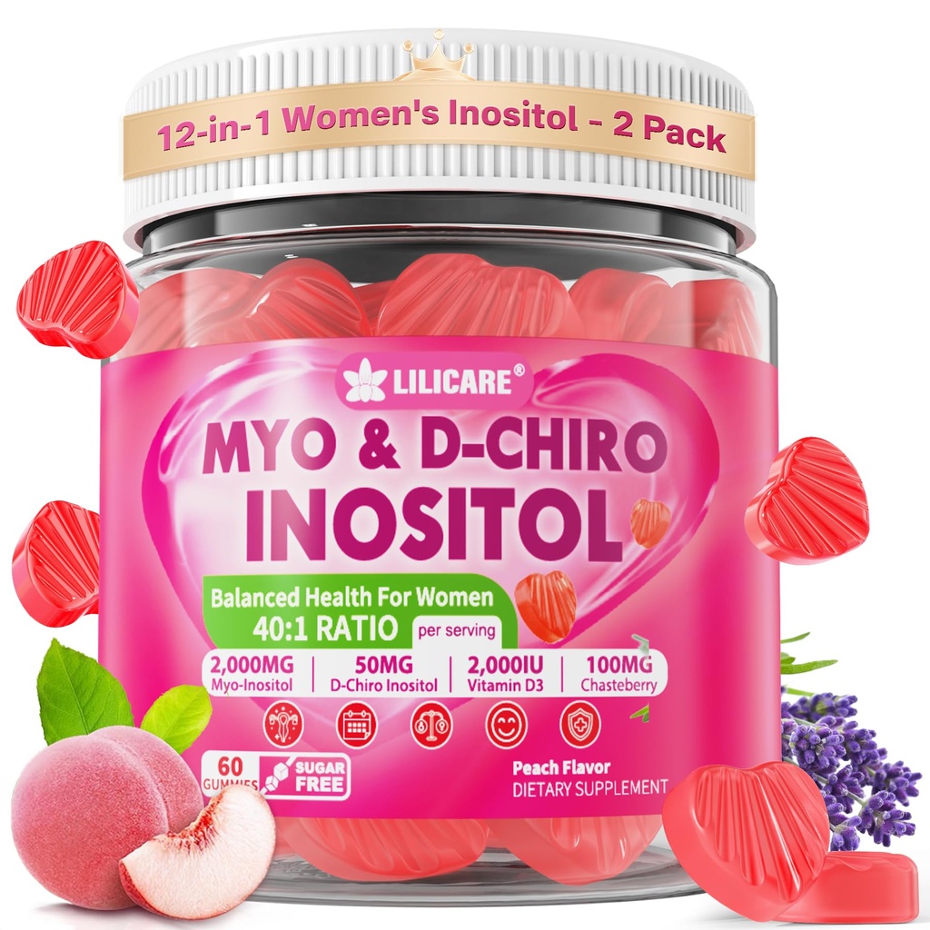 Inositol Gummies for Women + Chasteberry, Myo- Inositol & D- Chiro Inositol 2000mg + 50mg Ideal 40: 1 Ratio med Methyleret B12 & Folate, Cholin, Magnesium, D3- vitamin for total sundhed, pakke med 2