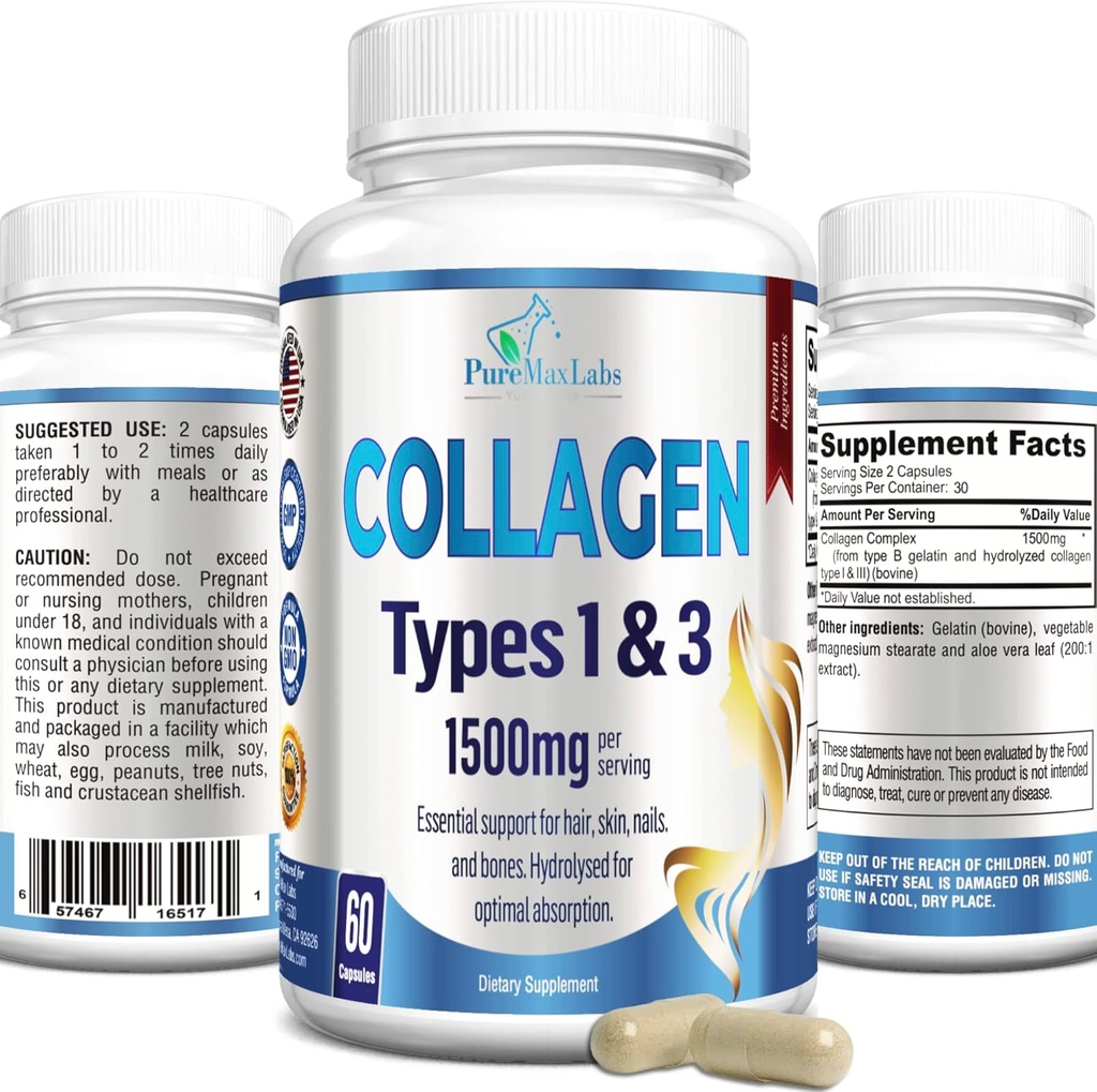 Kollagen typer I & III - kollagen piller, understøtter sundt hår, hud, negle, nitter - hydrolyseret kollagen supplement, 60 kapsler