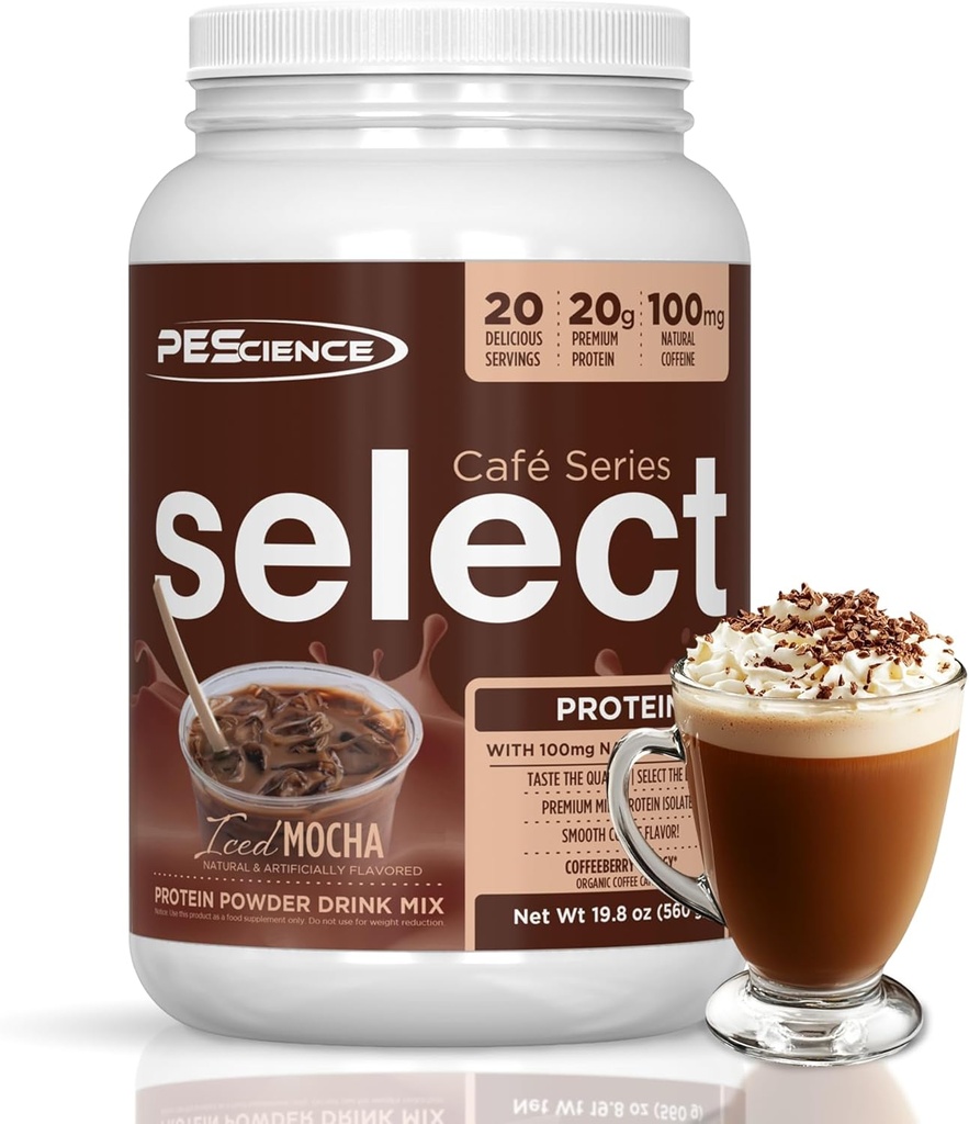 PEScience Select Cafe Protein Coffee Flavored Powder, Iced Mocha, 100mg Koffein, 20g Iced Protein Coffee Powder eller Creamer, 20 Servere
