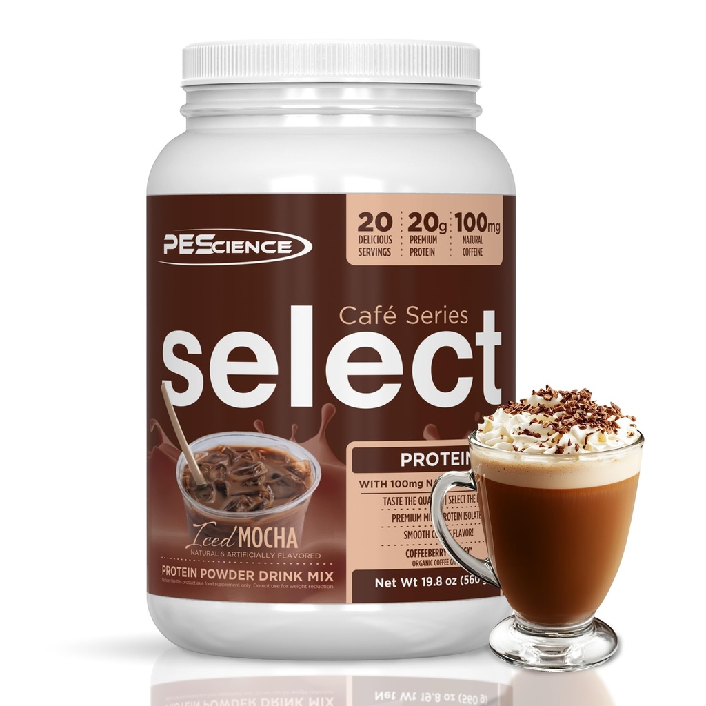 PEScience Select Cafe Protein Coffee Flavored Powder, Iced Mocha, 100mg Koffein, 20g Iced Protein Coffee Powder eller Creamer, 20 Servere