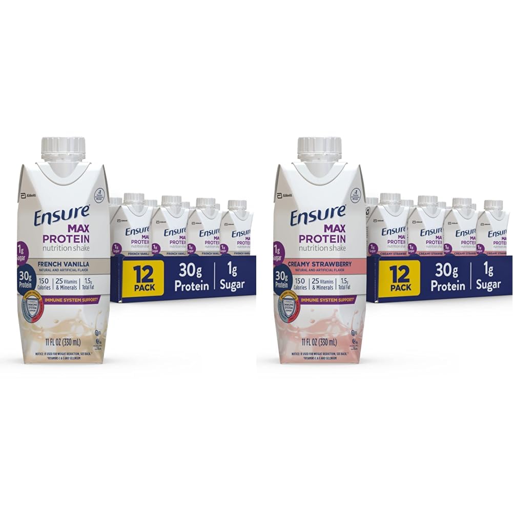 Sikre Max Protein Nutrition Shake med 30 g Protein & Max Protein Nutrition Shake med 30 g Protein, 1g Sukker, High Protein Shake, Cremet Strawberry, 11 fl oz, (Pack of 12)