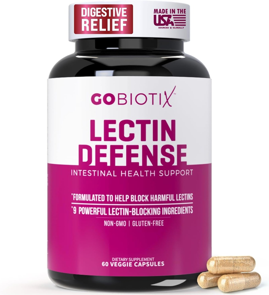 GOBIOTIX Lectin Defense - Lectin Blocker Supplement for Leaky Gut med MSM og fordøjelsesenzymer - Aids in Intestinal Health for Women and Men - Non- GMO + Gluten Free - 60 kapsler (1)