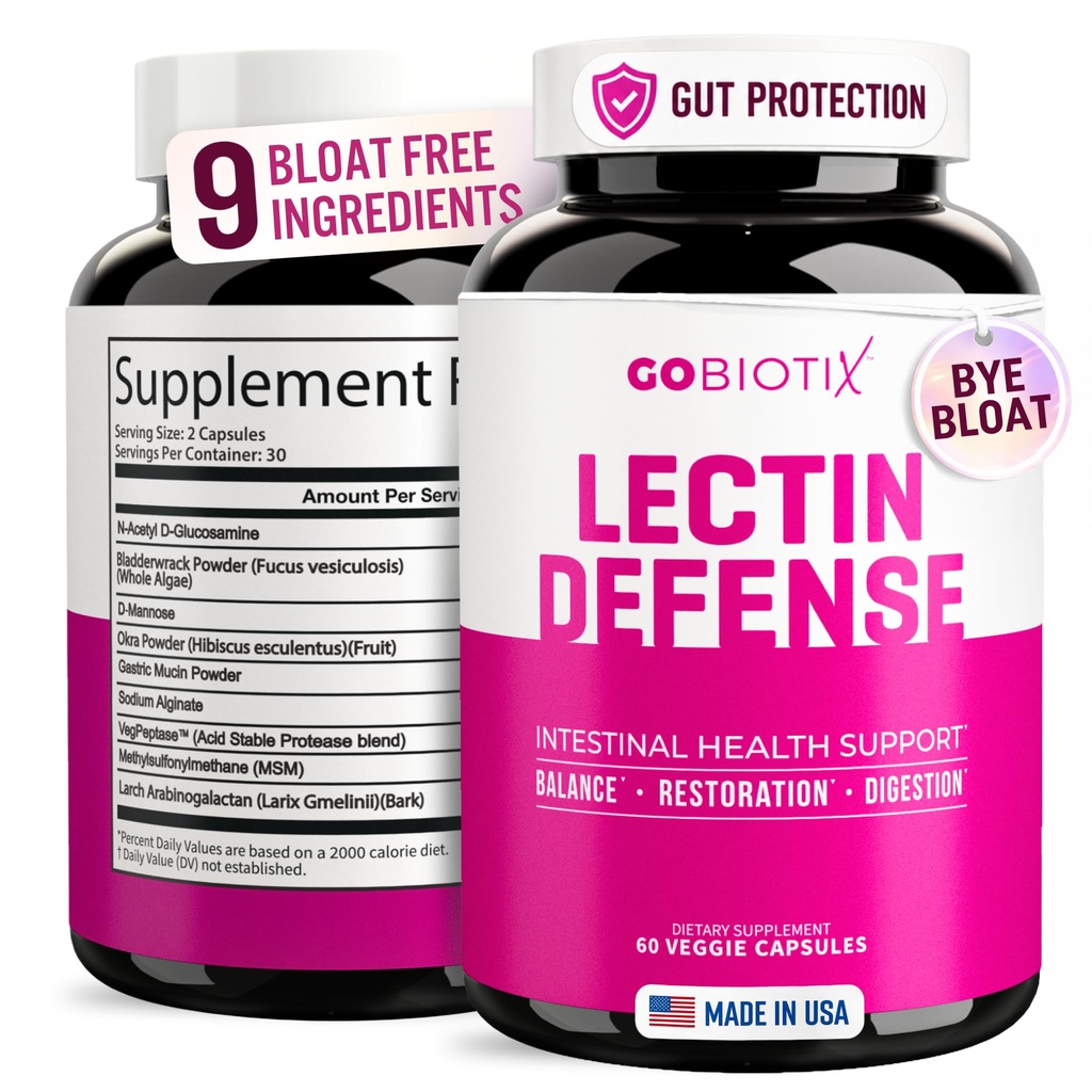 GOBIOTIX Lectin Defense - Lectin Blocker Supplement for Leaky Gut med MSM og fordøjelsesenzymer - Aids in Intestinal Health for Women and Men - Non- GMO + Gluten Free - 60 kapsler (1)